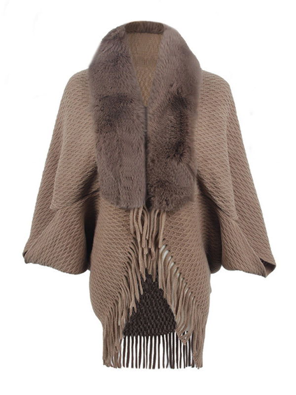 Women's fur collar knitted tassel cape cardigan - THE QUEEN RUNWAY