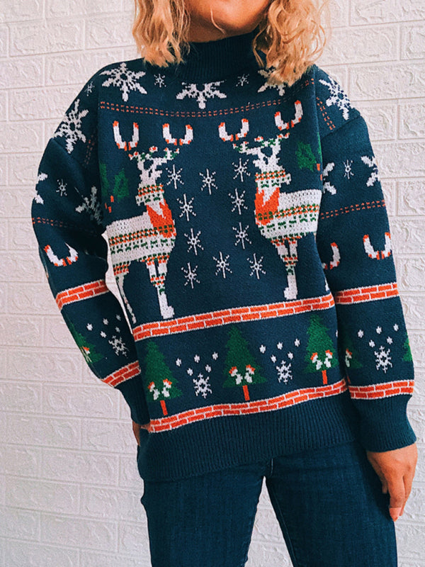 Women's Christmas Themed Elk Snowflake Christmas Tree Knit Sweater Sweater - THE QUEEN RUNWAY