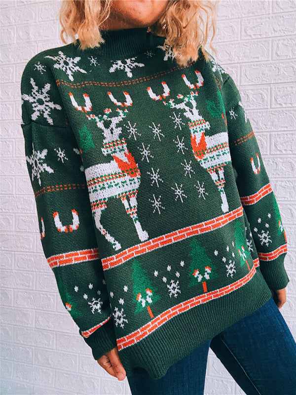 Women's Christmas Themed Elk Snowflake Christmas Tree Knit Sweater Sweater - THE QUEEN RUNWAY