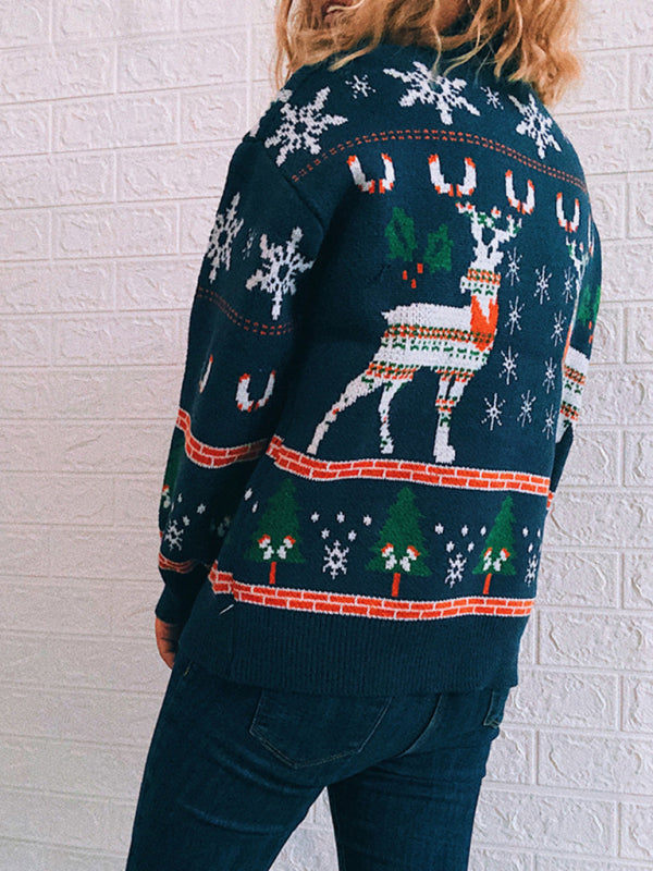 Women's Christmas Themed Elk Snowflake Christmas Tree Knit Sweater Sweater - THE QUEEN RUNWAY
