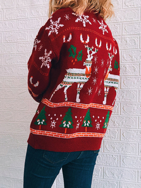 Women's Christmas Themed Elk Snowflake Christmas Tree Knit Sweater Sweater - THE QUEEN RUNWAY