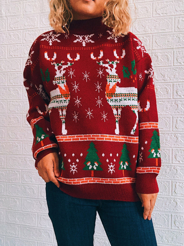 Women's Christmas Themed Elk Snowflake Christmas Tree Knit Sweater Sweater - THE QUEEN RUNWAY