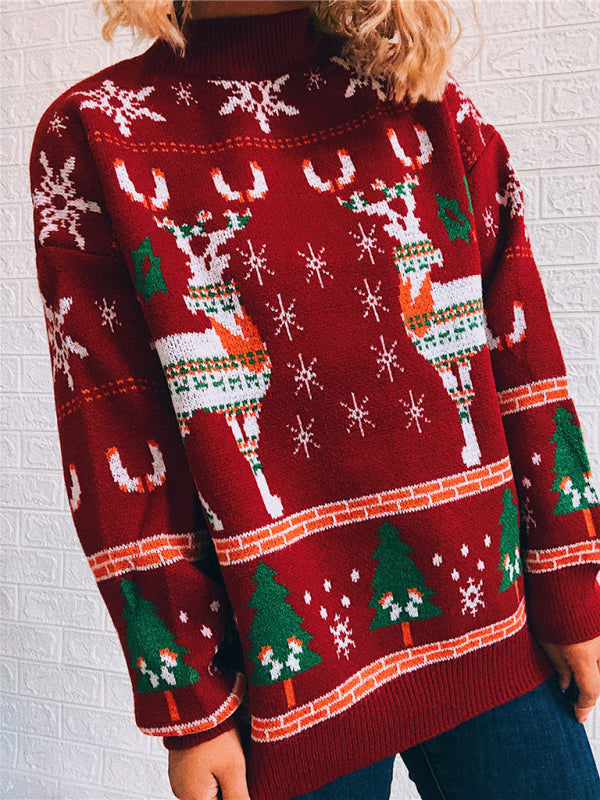 Women's Christmas Themed Elk Snowflake Christmas Tree Knit Sweater Sweater - THE QUEEN RUNWAY