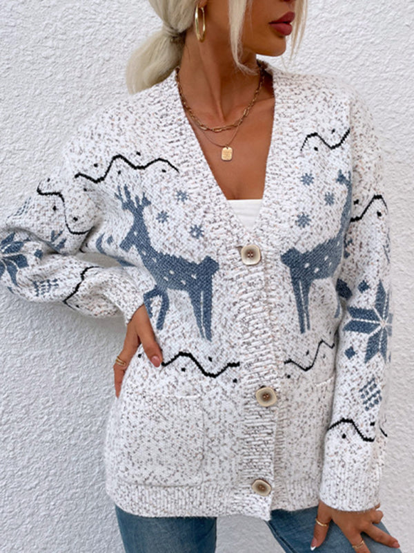 Women's Knit Single Breasted Christmas Fawn Cardigan Sweater - THE QUEEN RUNWAY