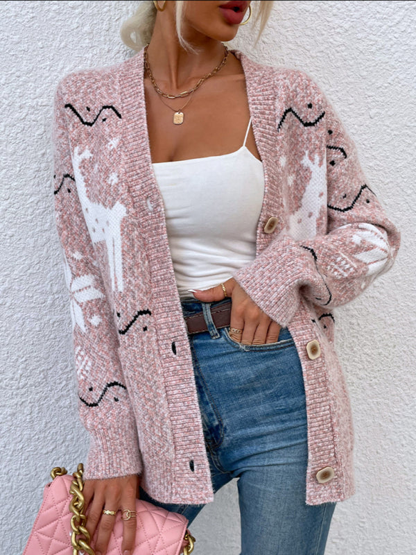 Women's Knit Single Breasted Christmas Fawn Cardigan Sweater - THE QUEEN RUNWAY