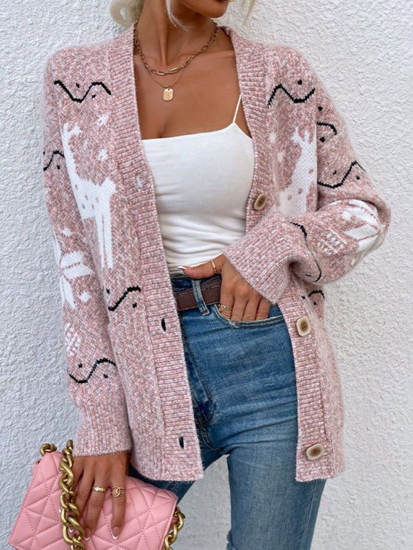 Women's Knit Single Breasted Christmas Fawn Cardigan Sweater - THE QUEEN RUNWAY