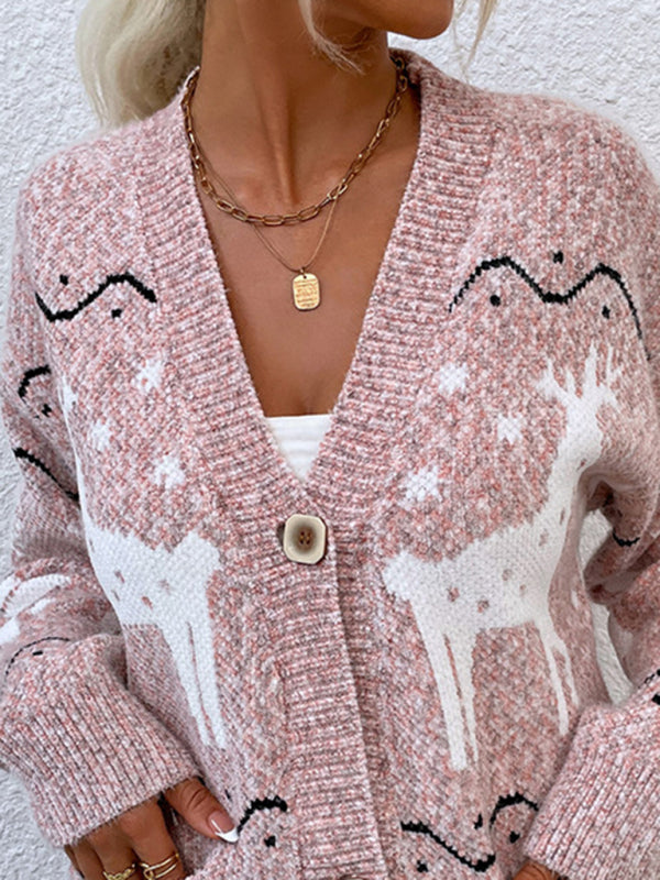 Women's Knit Single Breasted Christmas Fawn Cardigan Sweater - THE QUEEN RUNWAY