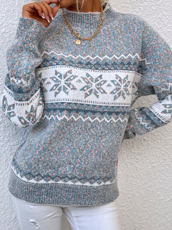 Women's Knitted Half Turtleneck Snowflake Christmas Sweater - THE QUEEN RUNWAY