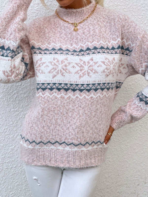 Women's Knitted Half Turtleneck Snowflake Christmas Sweater - THE QUEEN RUNWAY
