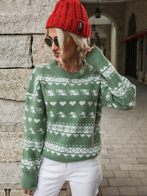 Women's Pullover Knit Contrast Jacquard Christmas Sweater - THE QUEEN RUNWAY