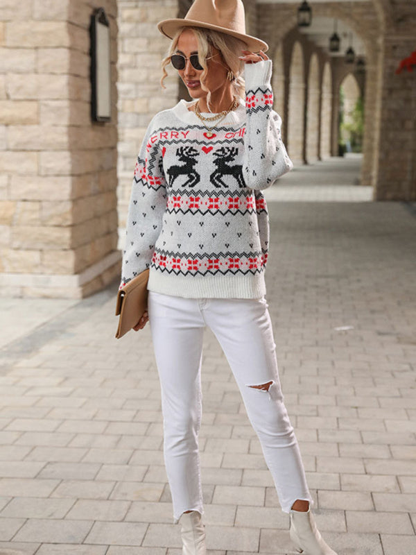 Women's Jacquard Knit Crew Neck Color Contrast Christmas Sweater - THE QUEEN RUNWAY