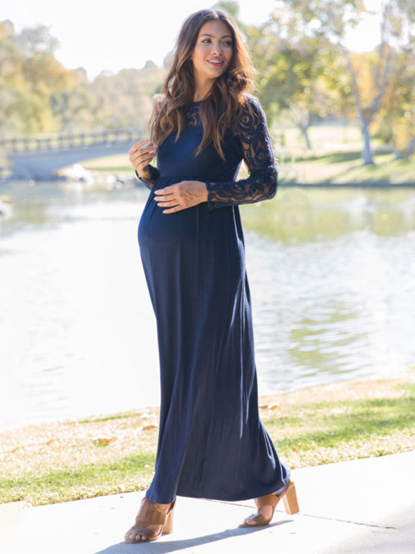 Women’s Lace Adorned Neckline And Long Sleeves Maxi Maternity Dress - THE QUEEN RUNWAY