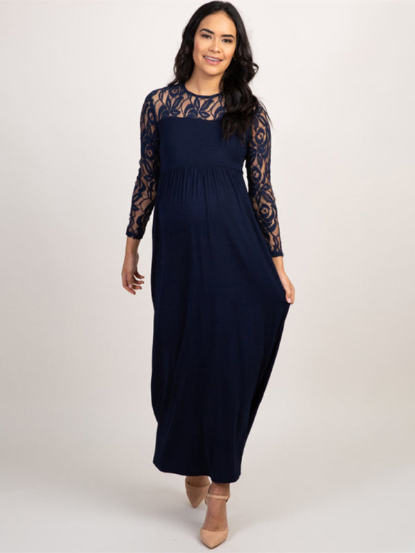 Women’s Lace Adorned Neckline And Long Sleeves Maxi Maternity Dress - THE QUEEN RUNWAY