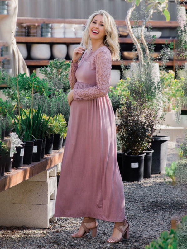 Women’s Lace Adorned Neckline And Long Sleeves Maxi Maternity Dress - THE QUEEN RUNWAY