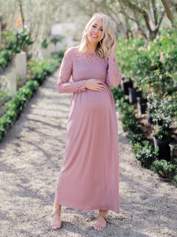 Women’s Lace Adorned Neckline And Long Sleeves Maxi Maternity Dress - THE QUEEN RUNWAY