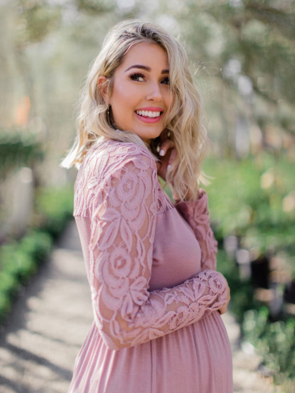 Women’s Lace Adorned Neckline And Long Sleeves Maxi Maternity Dress - THE QUEEN RUNWAY