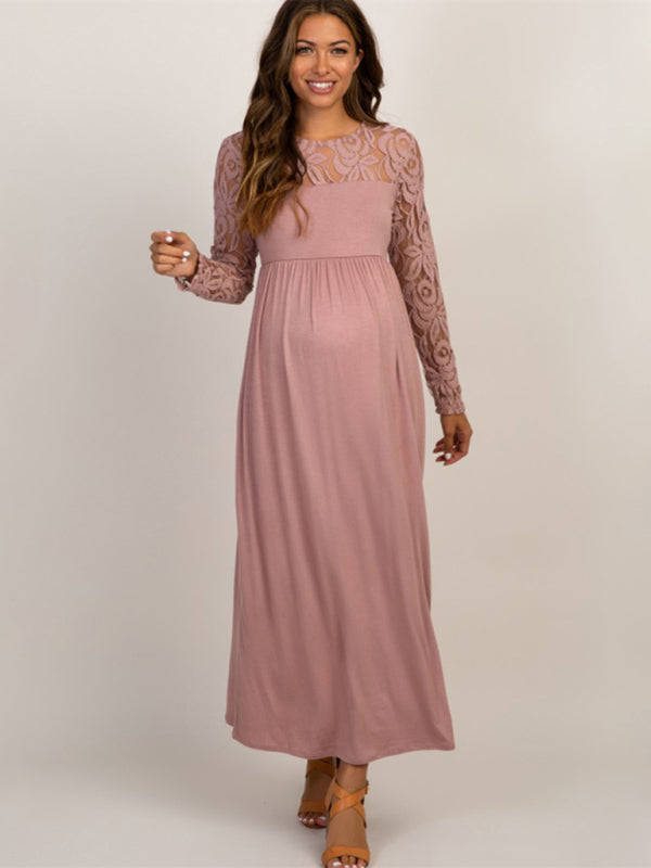 Women’s Lace Adorned Neckline And Long Sleeves Maxi Maternity Dress - THE QUEEN RUNWAY