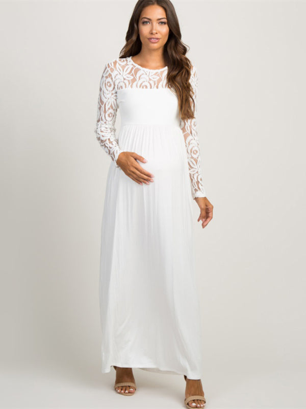 Women’s Lace Adorned Neckline And Long Sleeves Maxi Maternity Dress - THE QUEEN RUNWAY