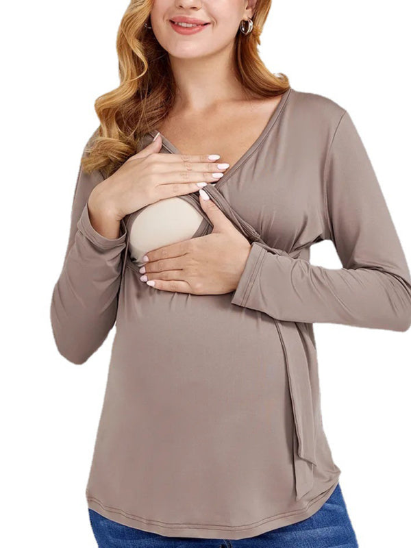 Women’s Chest Wrap Tie Maternity Nursing Blouse With Long Sleeves - THE QUEEN RUNWAY