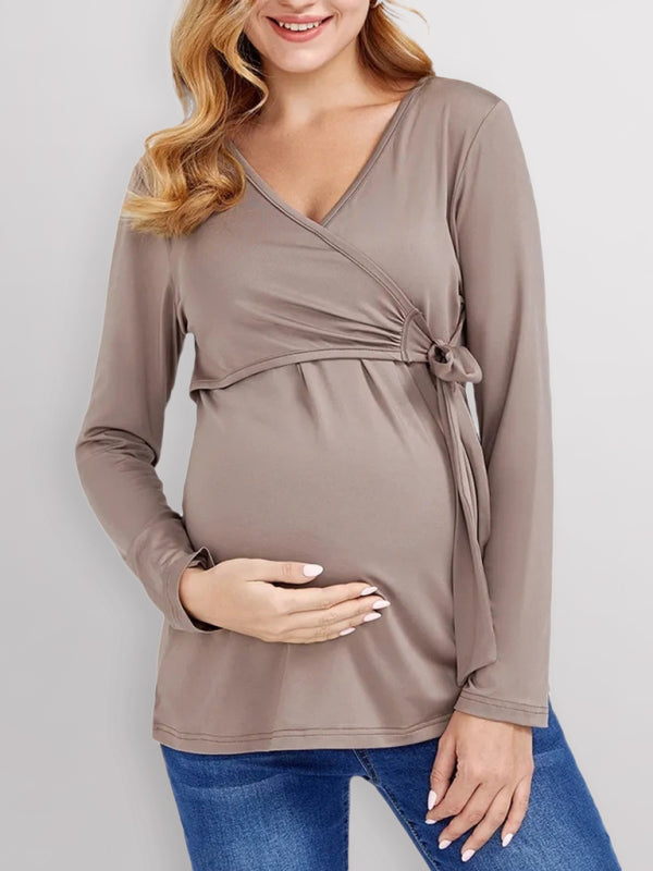 Women’s Chest Wrap Tie Maternity Nursing Blouse With Long Sleeves - THE QUEEN RUNWAY