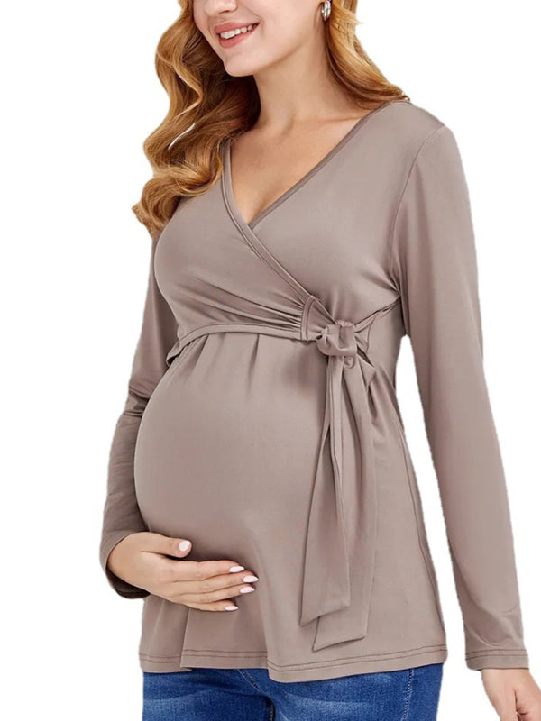 Women’s Chest Wrap Tie Maternity Nursing Blouse With Long Sleeves - THE QUEEN RUNWAY