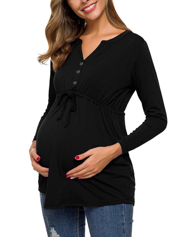 Maternity solid color drawstring button half cardigan long-sleeve T-shirt - THE QUEEN RUNWAY