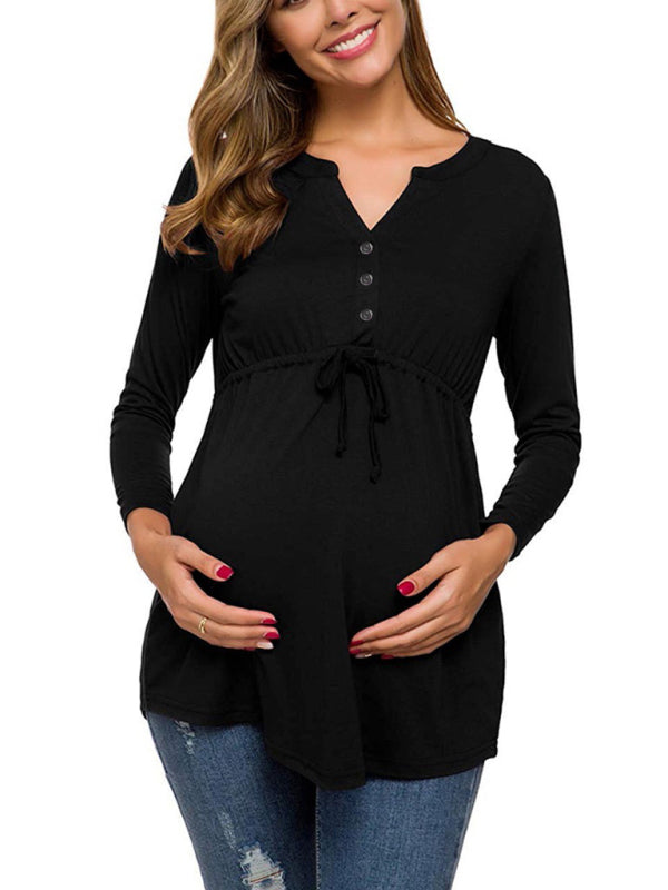 Maternity solid color drawstring button half cardigan long-sleeve T-shirt - THE QUEEN RUNWAY