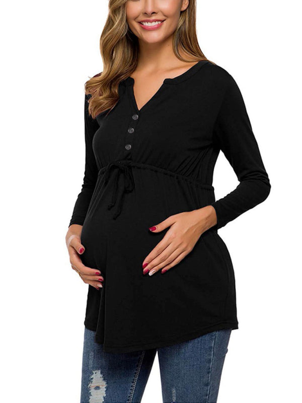 Maternity solid color drawstring button half cardigan long-sleeve T-shirt - THE QUEEN RUNWAY