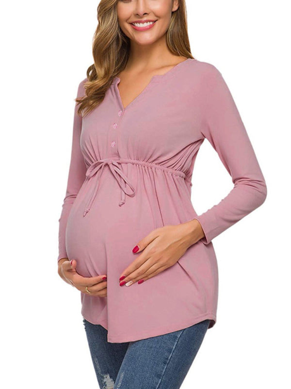 Maternity solid color drawstring button half cardigan long-sleeve T-shirt - THE QUEEN RUNWAY