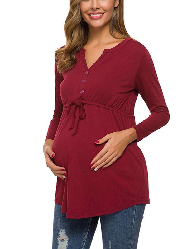 Maternity solid color drawstring button half cardigan long-sleeve T-shirt - THE QUEEN RUNWAY