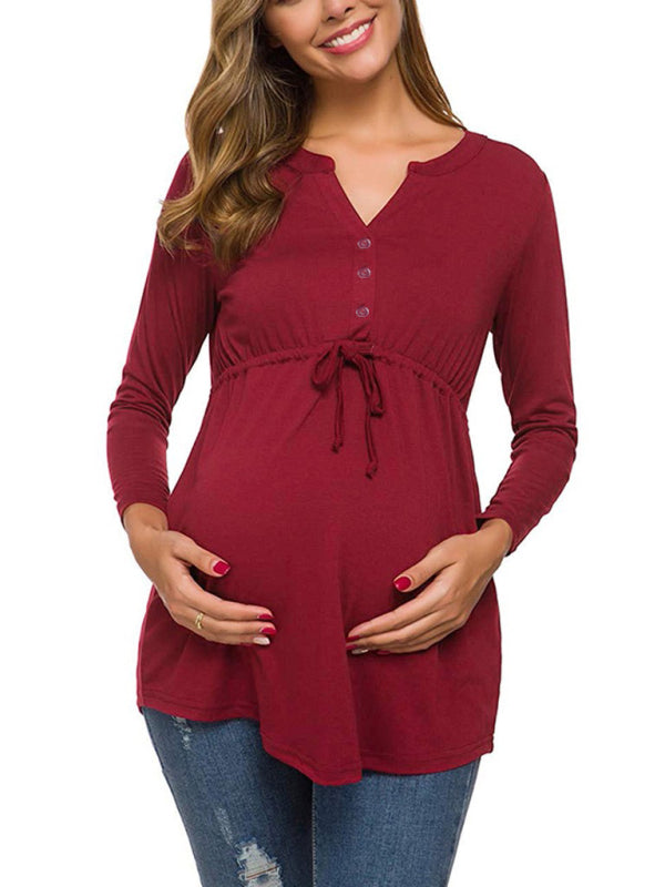Maternity solid color drawstring button half cardigan long-sleeve T-shirt - THE QUEEN RUNWAY