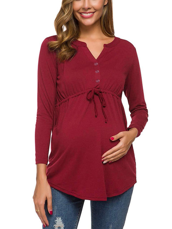 Maternity solid color drawstring button half cardigan long-sleeve T-shirt - THE QUEEN RUNWAY
