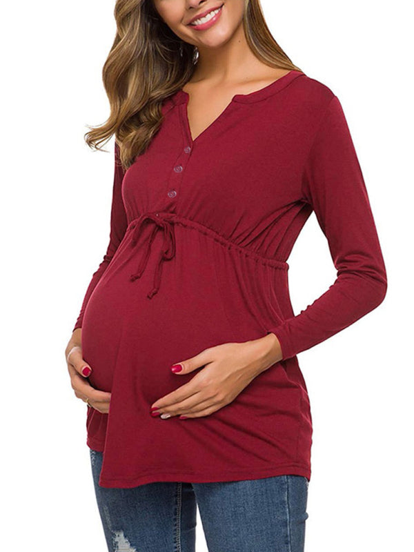 Maternity solid color drawstring button half cardigan long-sleeve T-shirt - THE QUEEN RUNWAY