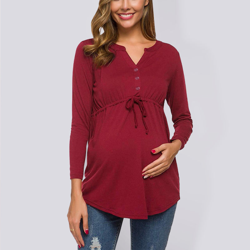 Maternity solid color drawstring button half cardigan long-sleeve T-shirt - THE QUEEN RUNWAY