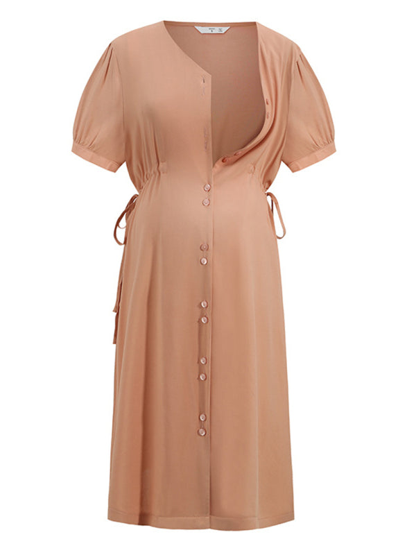 Maternity Drawstring Waist Short Sleeve Button Dress - THE QUEEN RUNWAY