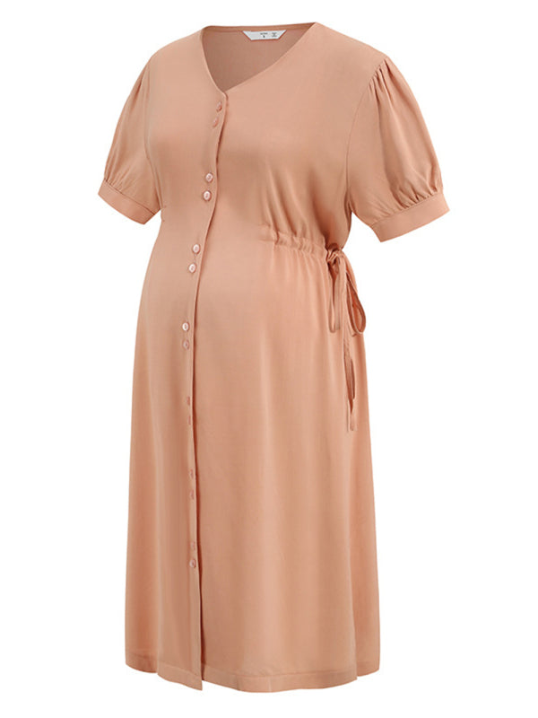 Maternity Drawstring Waist Short Sleeve Button Dress - THE QUEEN RUNWAY