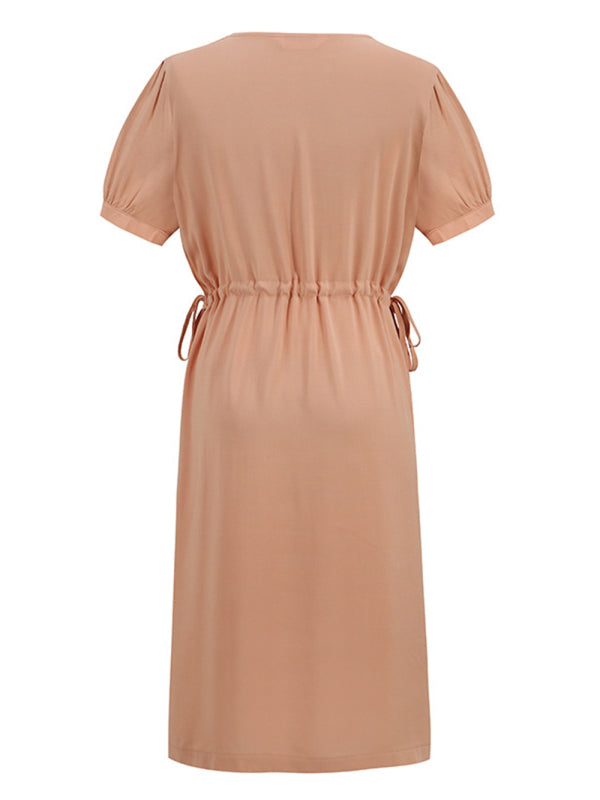 Maternity Drawstring Waist Short Sleeve Button Dress - THE QUEEN RUNWAY