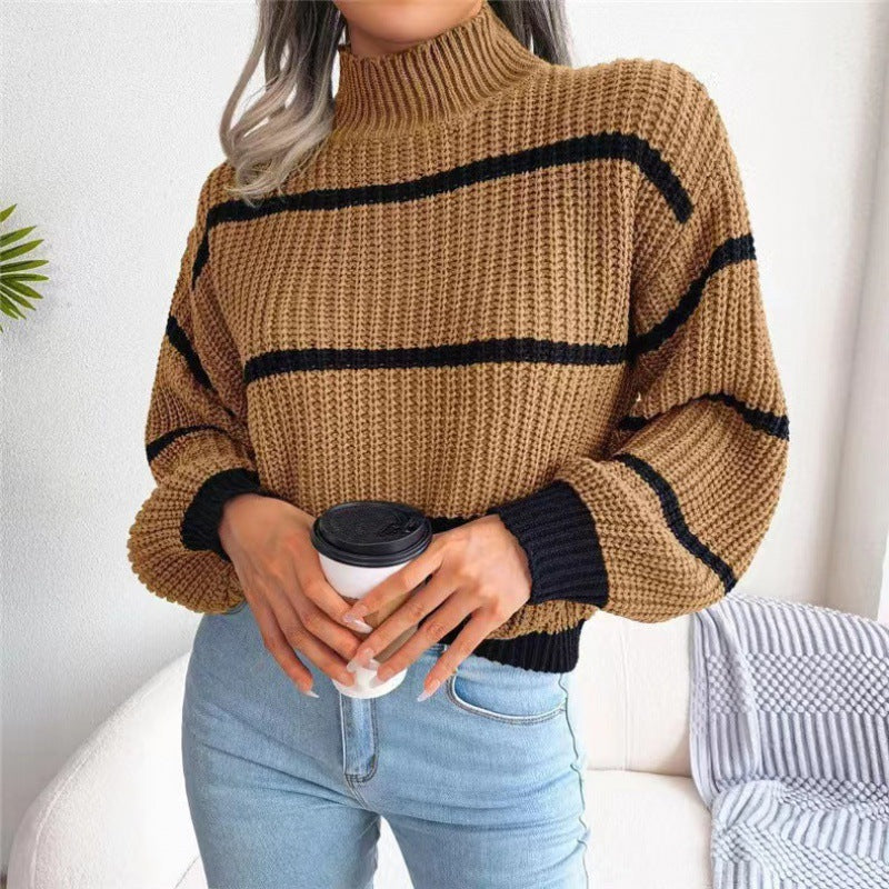 Women's Casual Striped Balloon Sleeve Turtleneck Sweater - THE QUEEN RUNWAY