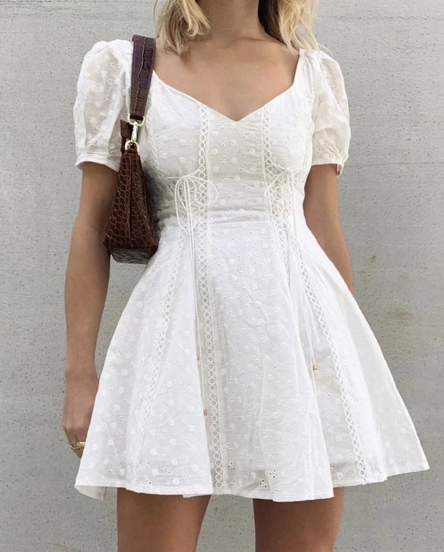 Women's Lace Embroidery Sexy Low Cut Square Neck Puff Sleeve Dress - THE QUEEN RUNWAY