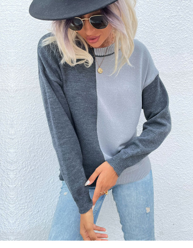 Round neck contrasting sweater with loose pullover knit - THE QUEEN RUNWAY