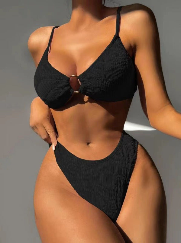 Women's Solid Color O-ring Bikini Top With Matching Bottom Set - THE QUEEN RUNWAY