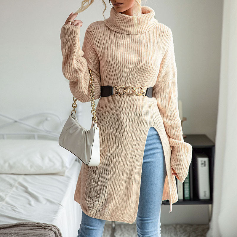 Women's Solid Color Slit Long Sleeve Turtleneck Sweater Dress - THE QUEEN RUNWAY